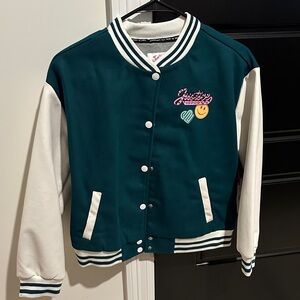 Justice Teal and White Jacket with Fun Patches